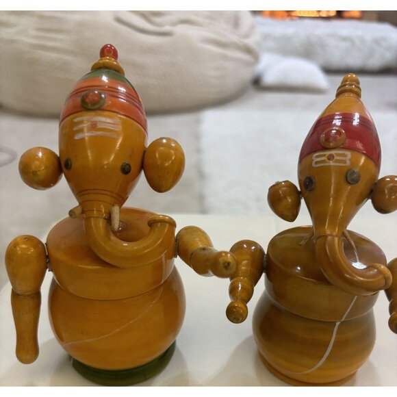 Wooden Indian Elephant Ganesha Set Of 2 Handcrafted Wooden Ganapathi - Picture 4 of 14